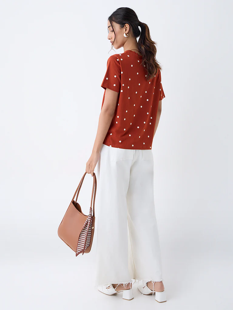 LOV Rust Polka Dotted Cotton T-Shirt - Image 4