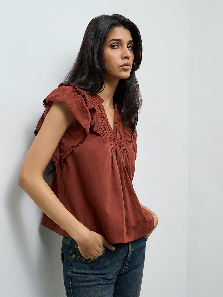 LOV Rust Ruffle-Detailed Cotton Top