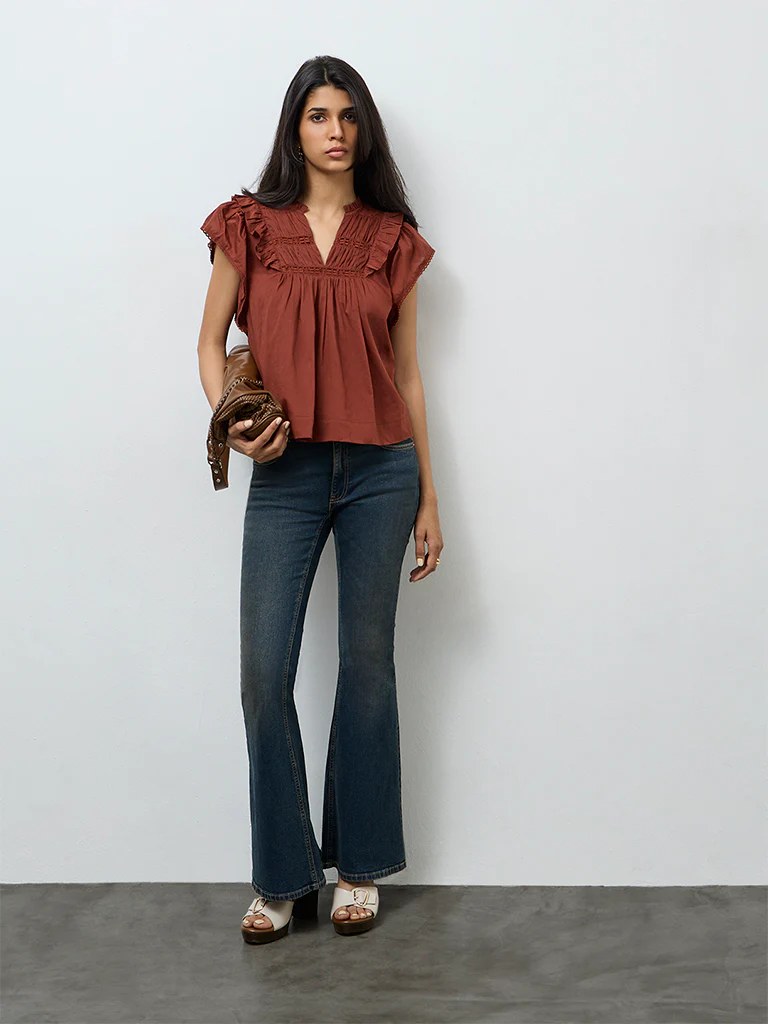 LOV Rust Ruffle-Detailed Cotton Top - Image 2