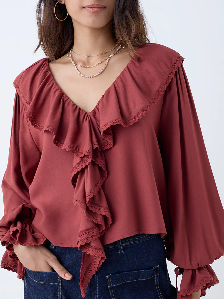 LOV Rust Ruffle-Detailed Top - Image 3