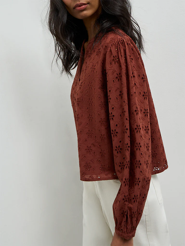 LOV Rust Schiffli-Detailed Cotton Blouse - Image 3
