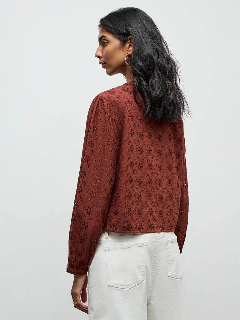 LOV Rust Schiffli-Detailed Cotton Blouse - Image 4
