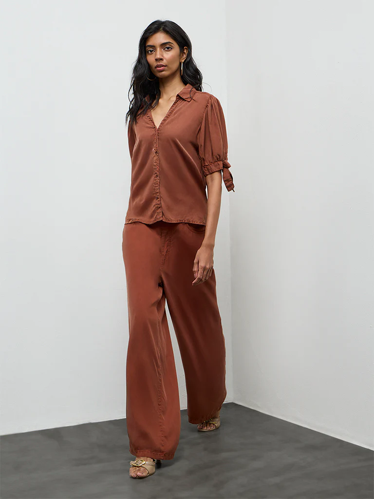 LOV Rust Solid Knot-Detailed Denim Shirt - Image 2