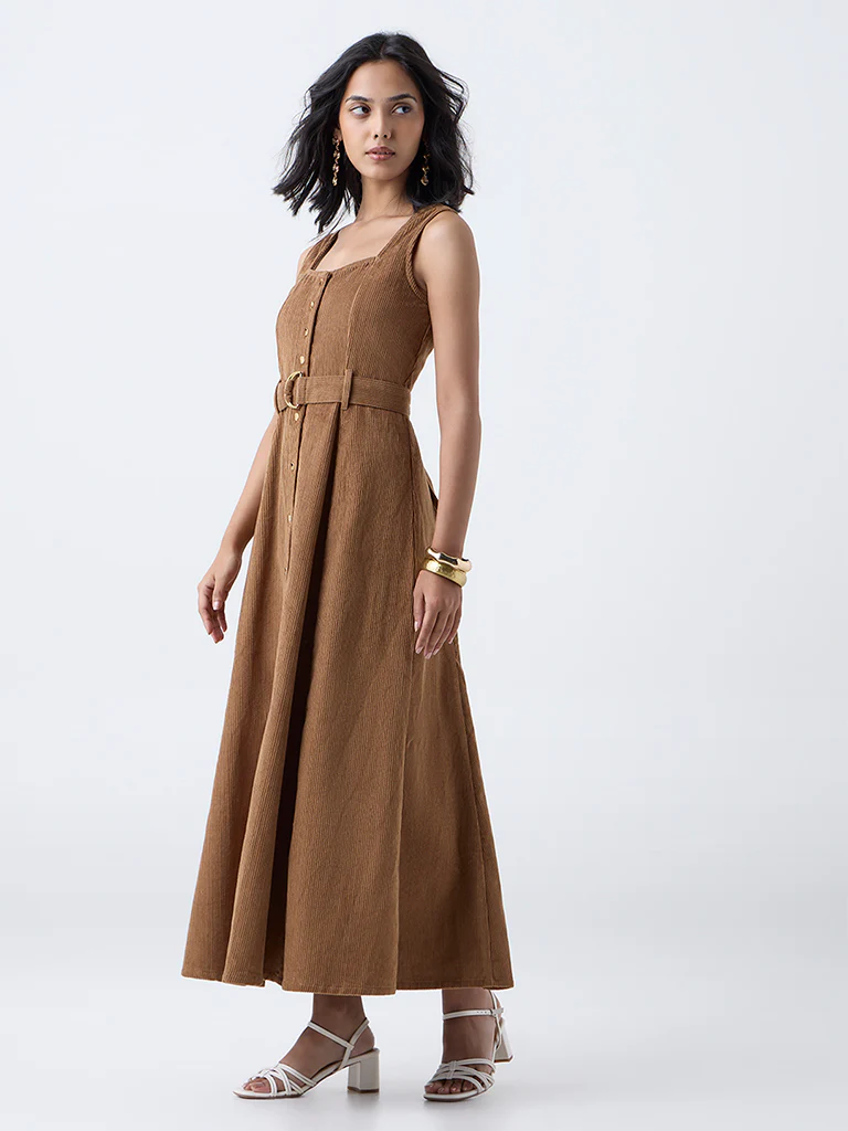LOV Tan Corduroy Cotton A-Line Dress - Image 2