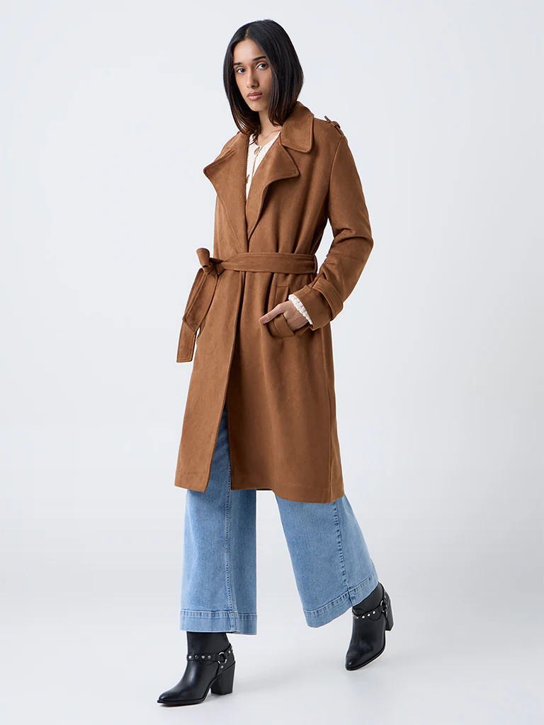LOV Tan Suede Long Coat with Belt - Image 2