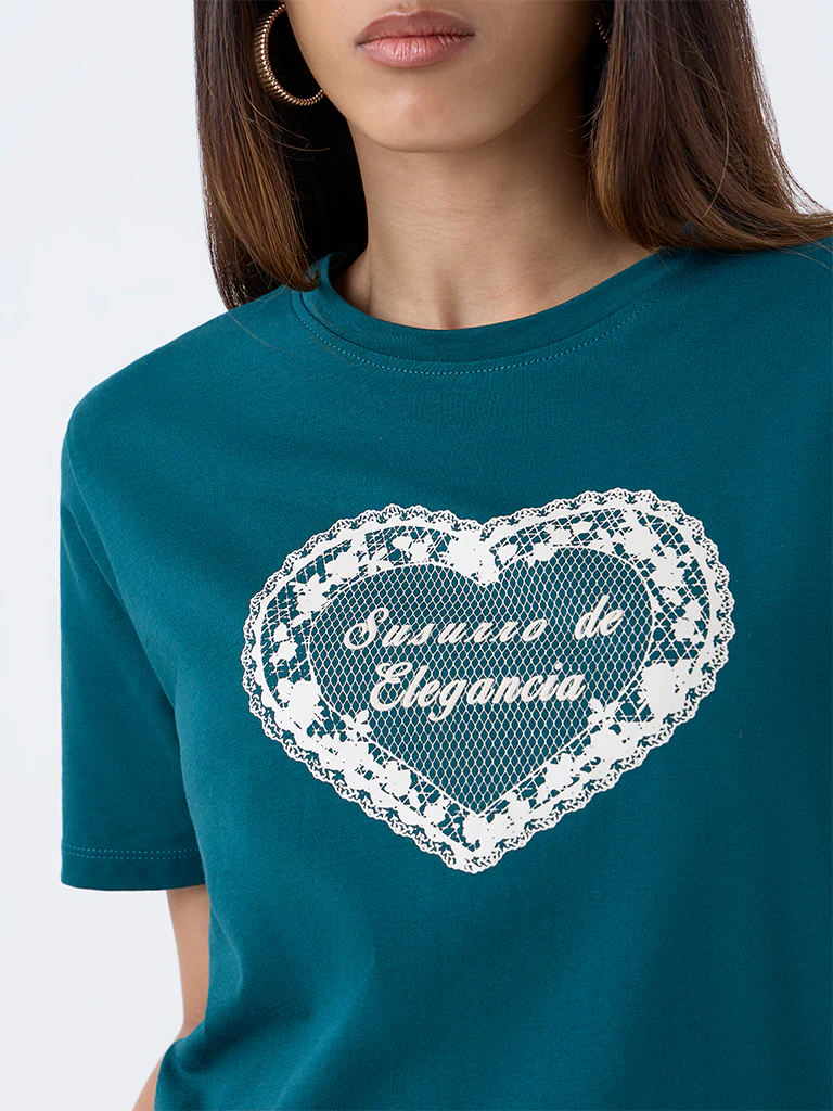 LOV Teal Printed Cotton T-Shirt - Image 3
