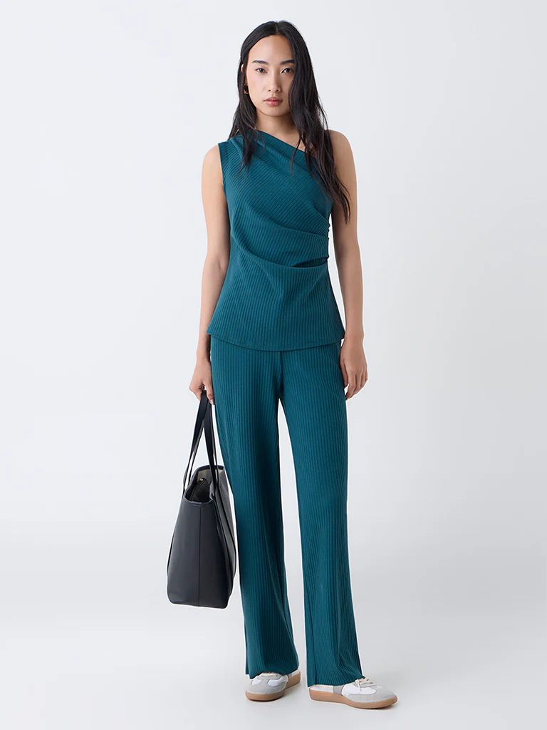 LOV Teal Ribbed-Textured High-Rise Cotton-Blend Pants