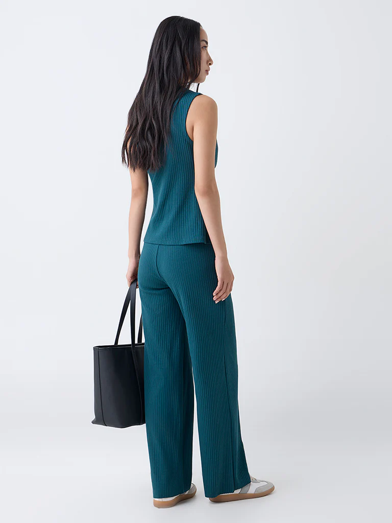 LOV Teal Ribbed-Textured High-Rise Cotton-Blend Pants - Image 4