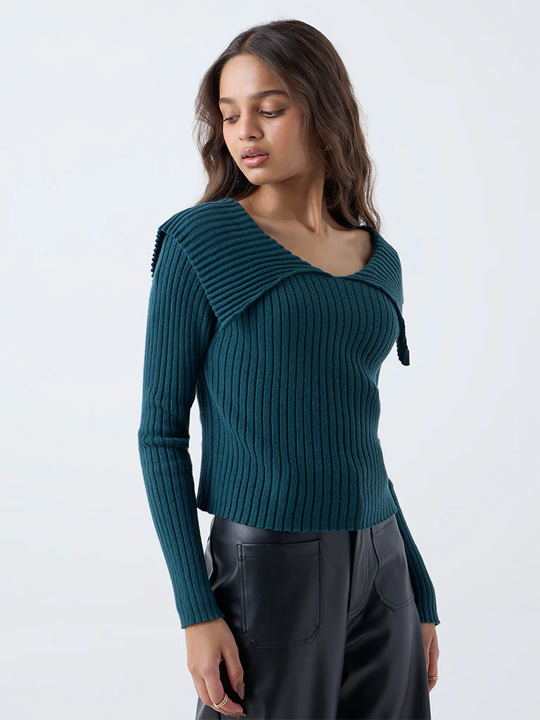 LOV Teal Ribbed-Textured Top - Image 2