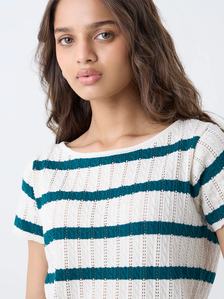 LOV Teal Striped Cotton-Blend Top - Image 3