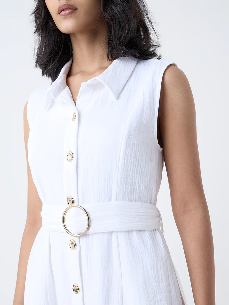 LOV White Crinkle-Textured Cotton Shirt Dress - Image 3