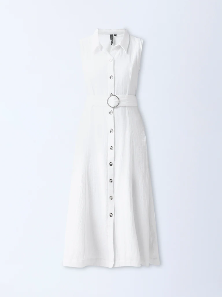LOV White Crinkle-Textured Cotton Shirt Dress - Image 5