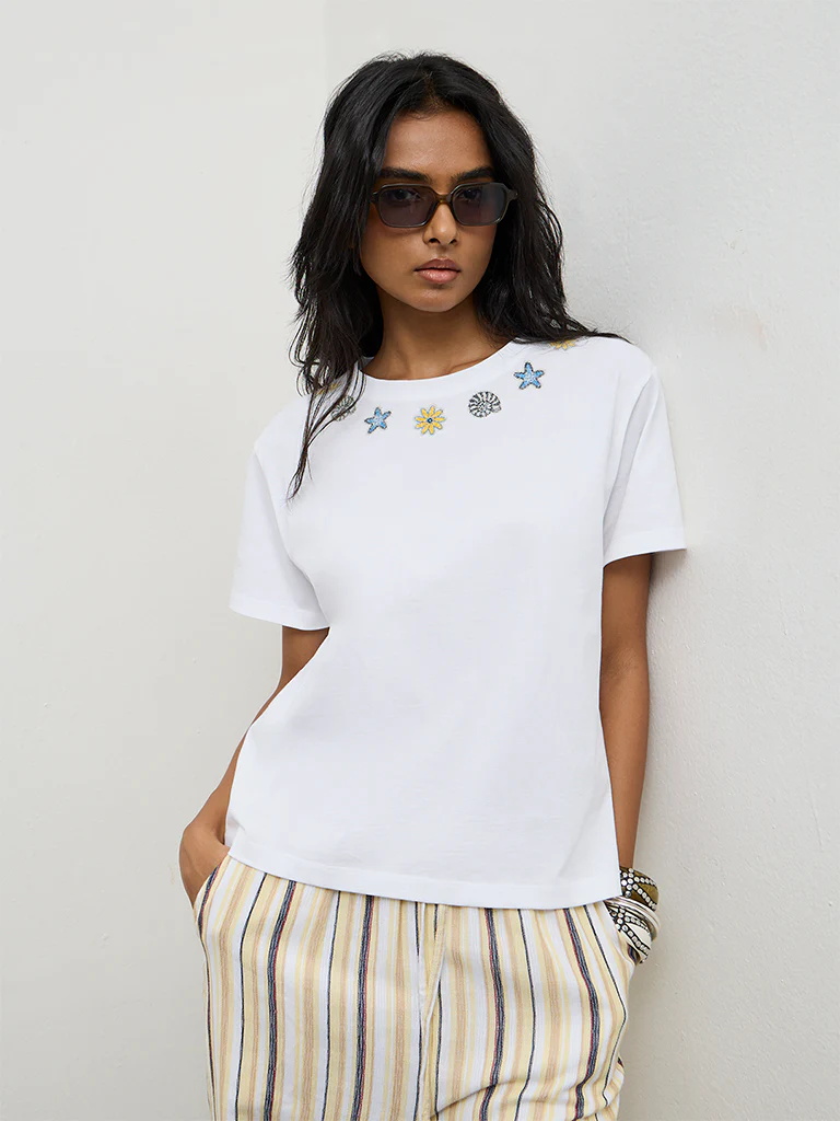 LOV White Embellished Cotton T-Shirt
