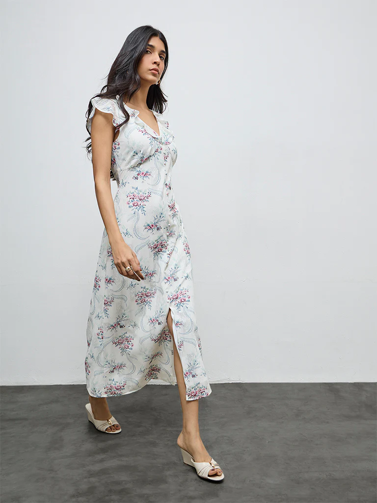 LOV White Floral Design A-Line Dress - Image 2