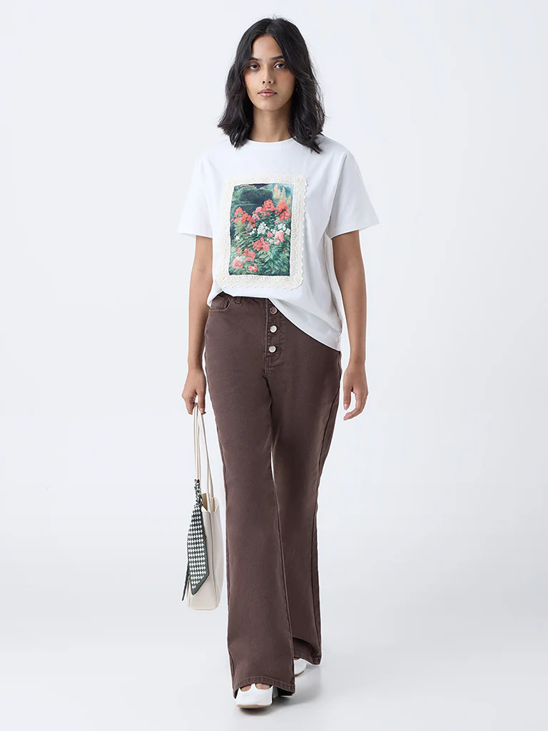 LOV White Floral Design Cotton T-Shirt