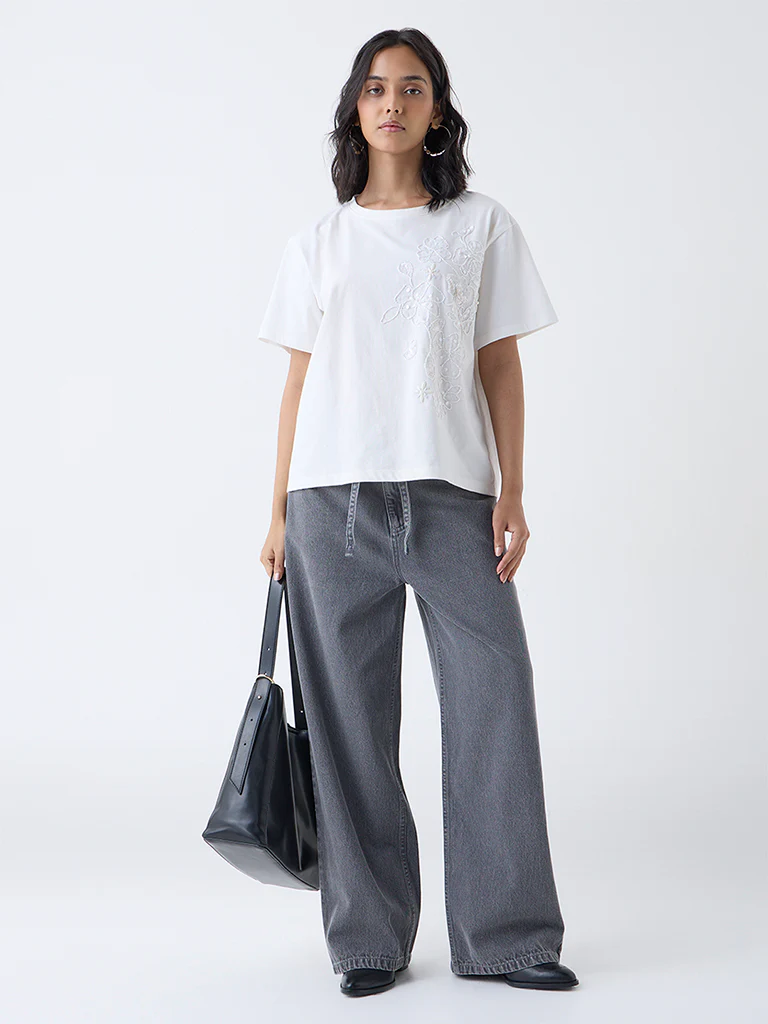 LOV White Floral Embellished Cotton T-Shirt - Image 2