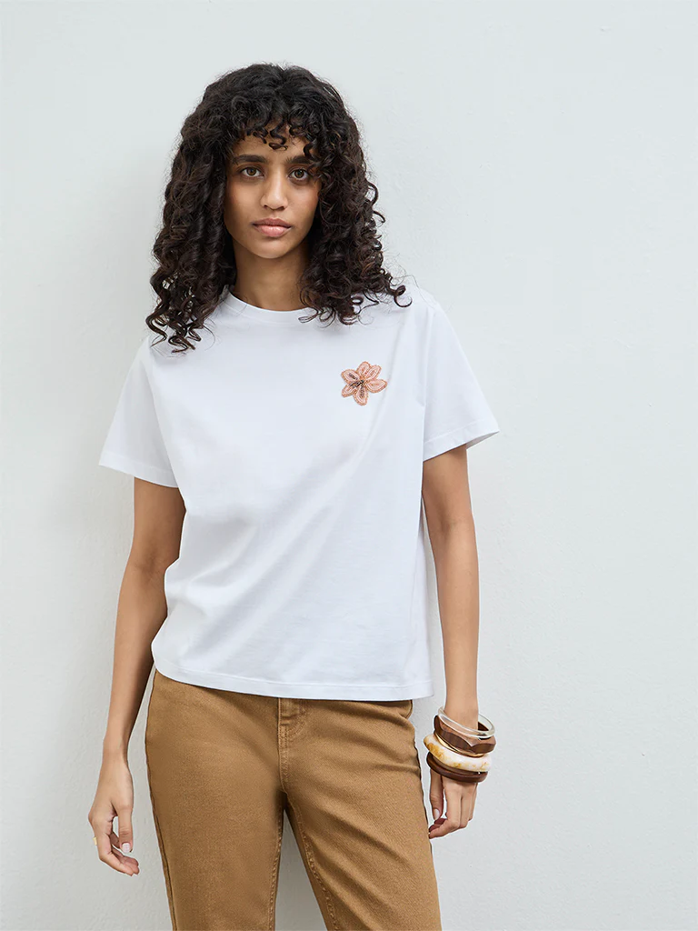LOV White Floral Embellished Cotton T-Shirt - Image 2