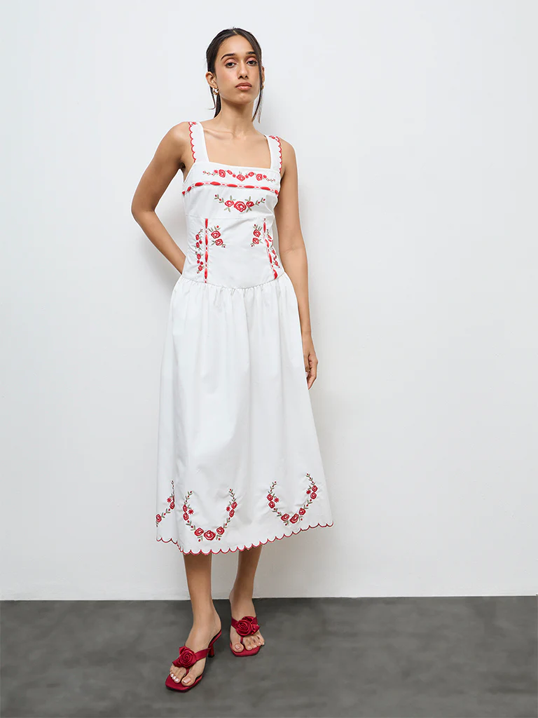 LOV White Floral Embroidered Cotton A-Line Dress