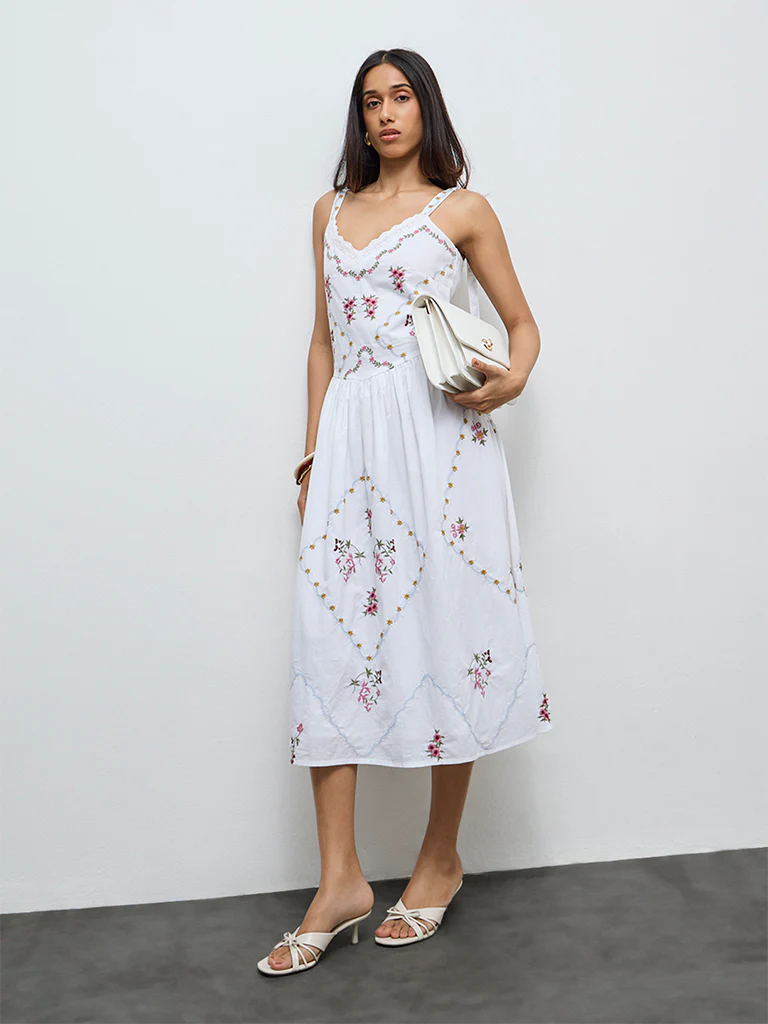 LOV White Floral Embroidered Cotton A-Line Dress