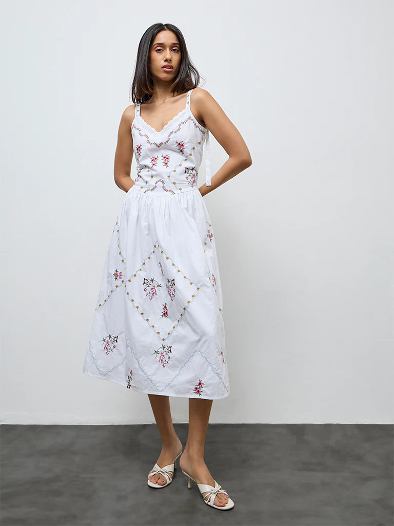 LOV White Floral Embroidered Cotton A-Line Dress - Image 2