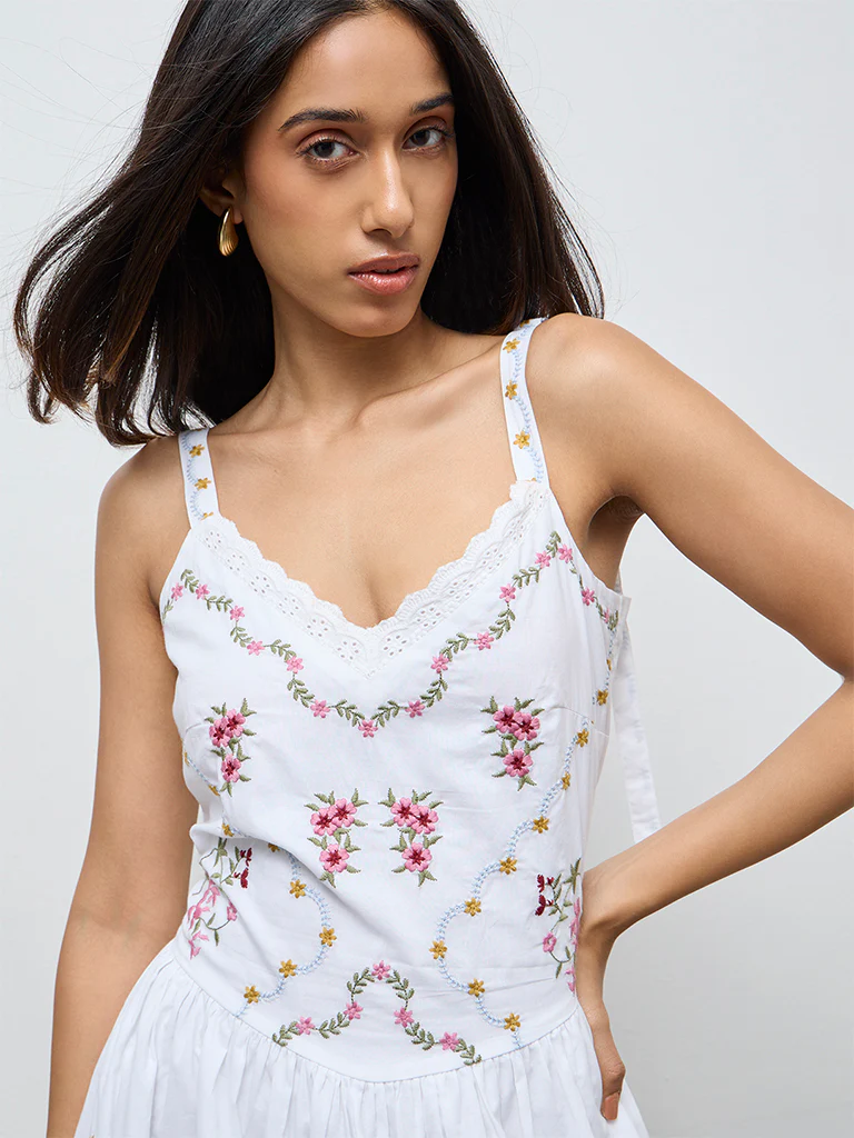 LOV White Floral Embroidered Cotton A-Line Dress - Image 3
