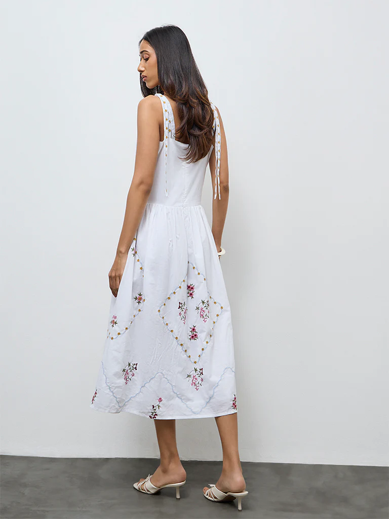 LOV White Floral Embroidered Cotton A-Line Dress - Image 4
