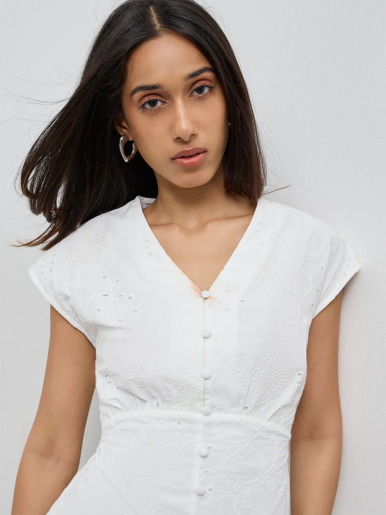 LOV White Floral Embroidered Cotton A-Line Dress - Image 3