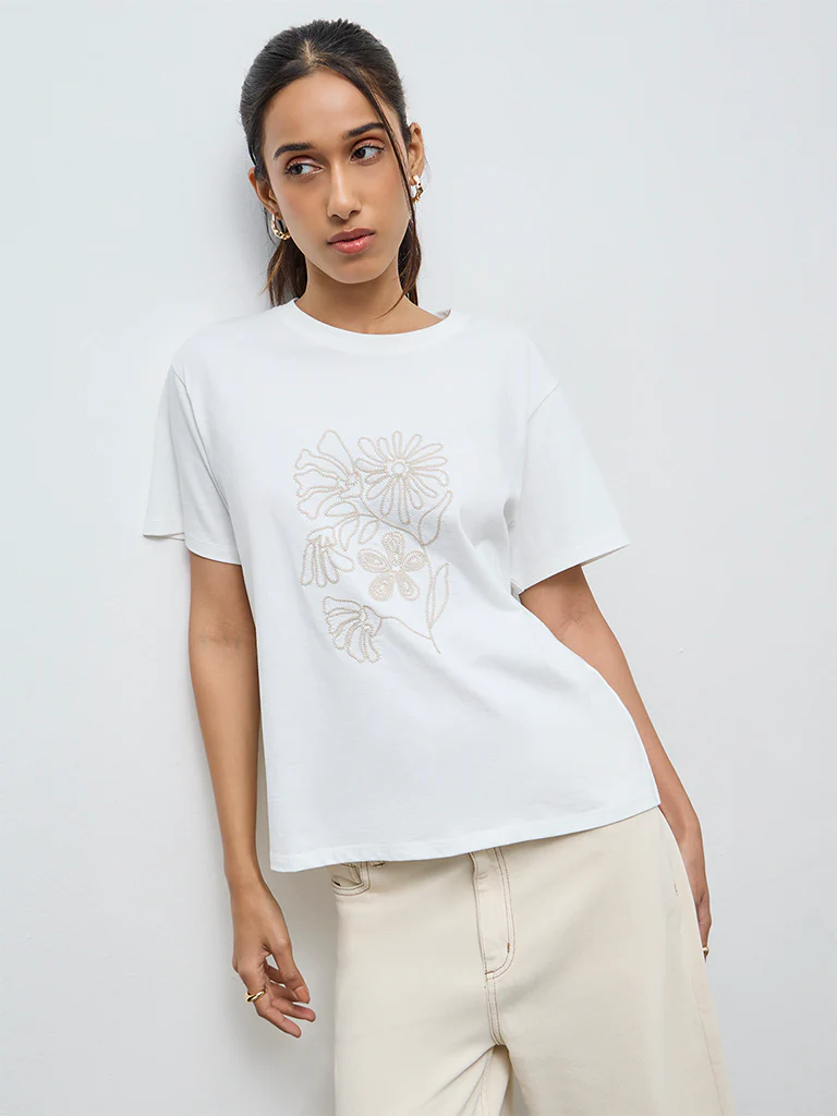 LOV White Floral Embroidered Cotton T-Shirt