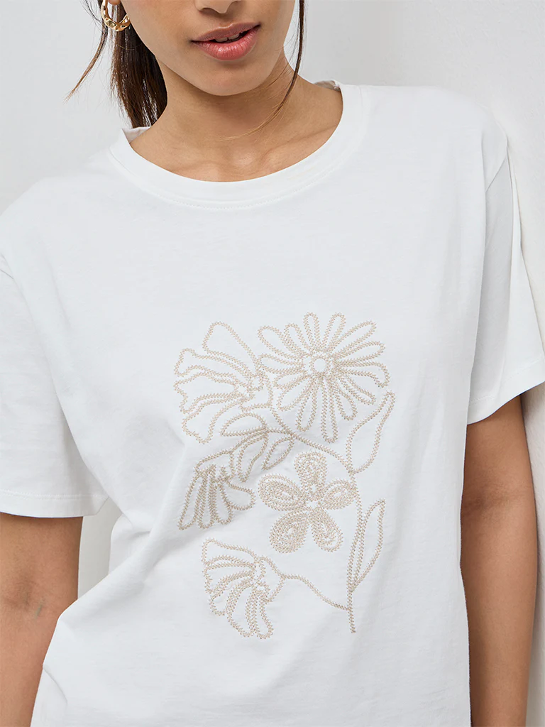 LOV White Floral Embroidered Cotton T-Shirt - Image 3