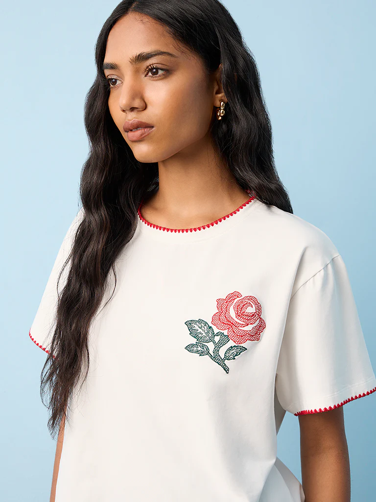 LOV White Floral Embroidered Cotton T-Shirt - Image 3