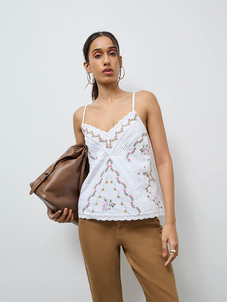 LOV White Floral Embroidered Cotton Top