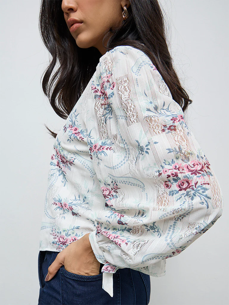 LOV White Floral Pattern Cotton-Blend Top - Image 3