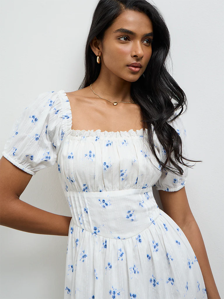 LOV White Floral Printed A-Line Cotton Dress - Image 3