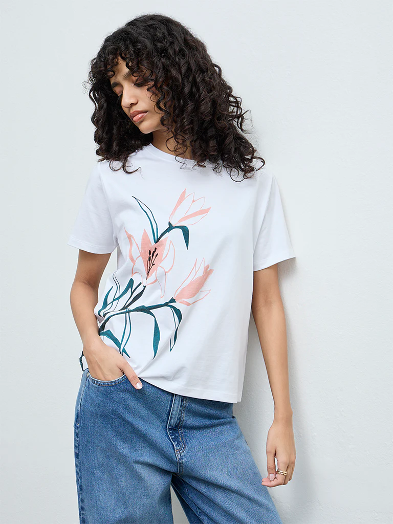 LOV White Foliage Printed Cotton T-Shirt
