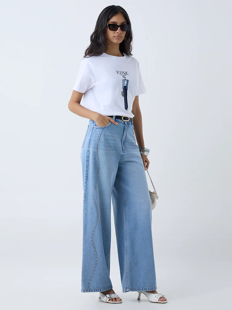 LOV White Graphic Printed Cotton T-Shirt