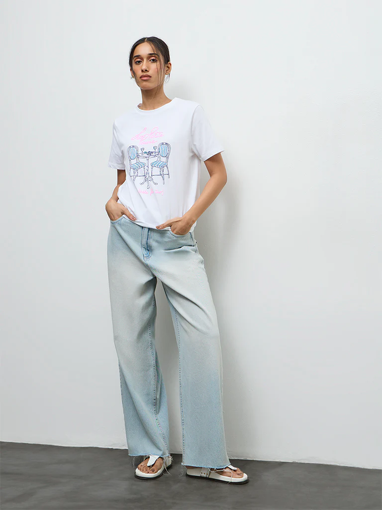 LOV White Graphic Printed Cotton T-Shirt