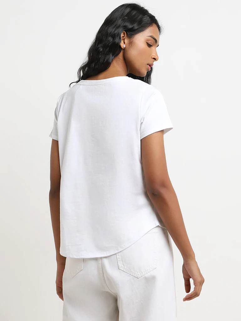 LOV White Leaf Print Cotton T-Shirt - Image 4