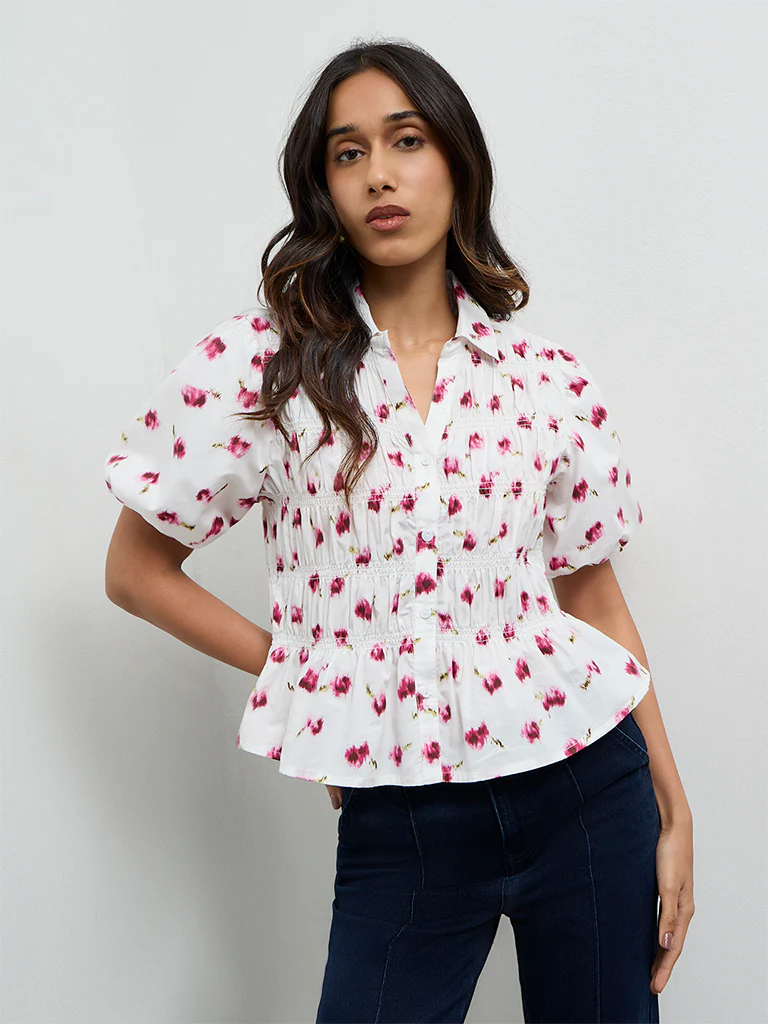 LOV White Printed Smocked Cotton Blouse