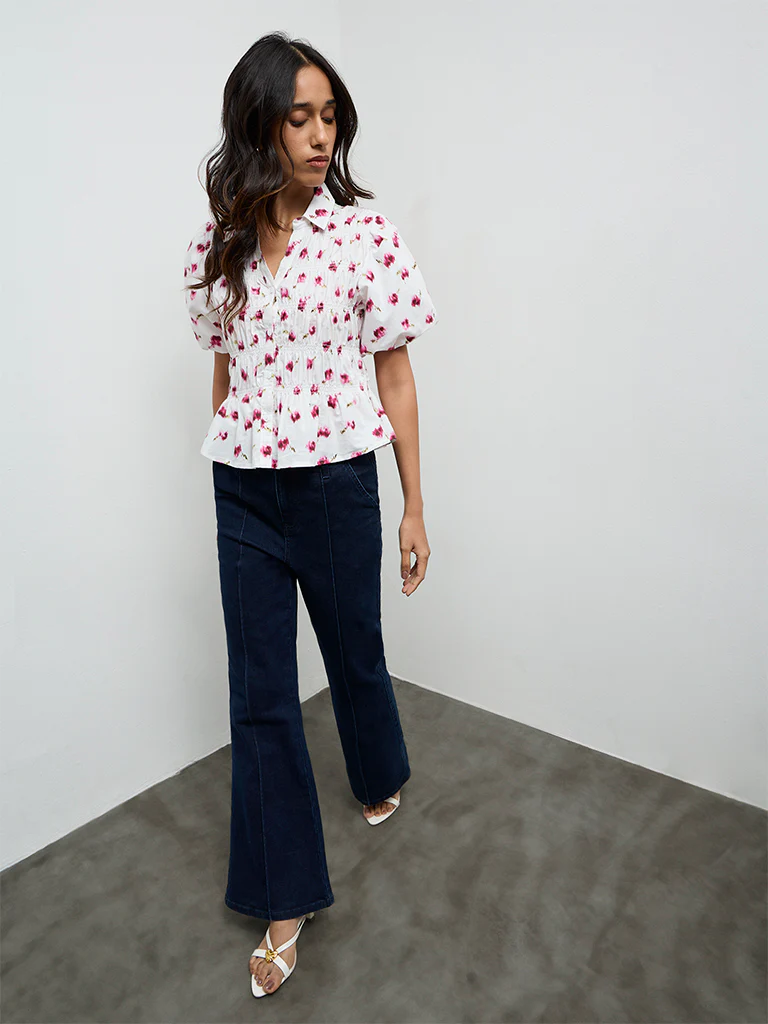 LOV White Printed Smocked Cotton Blouse - Image 2