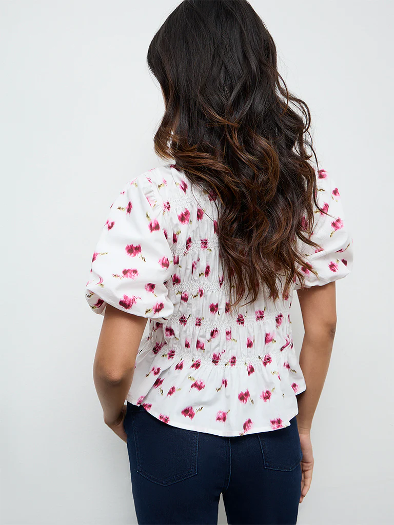 LOV White Printed Smocked Cotton Blouse - Image 4