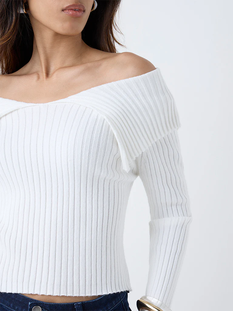 LOV White Ribbed Off-Shoulder Top - Image 3