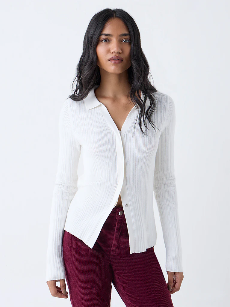 LOV White Ribbed-Textured Cardigan - Image 2