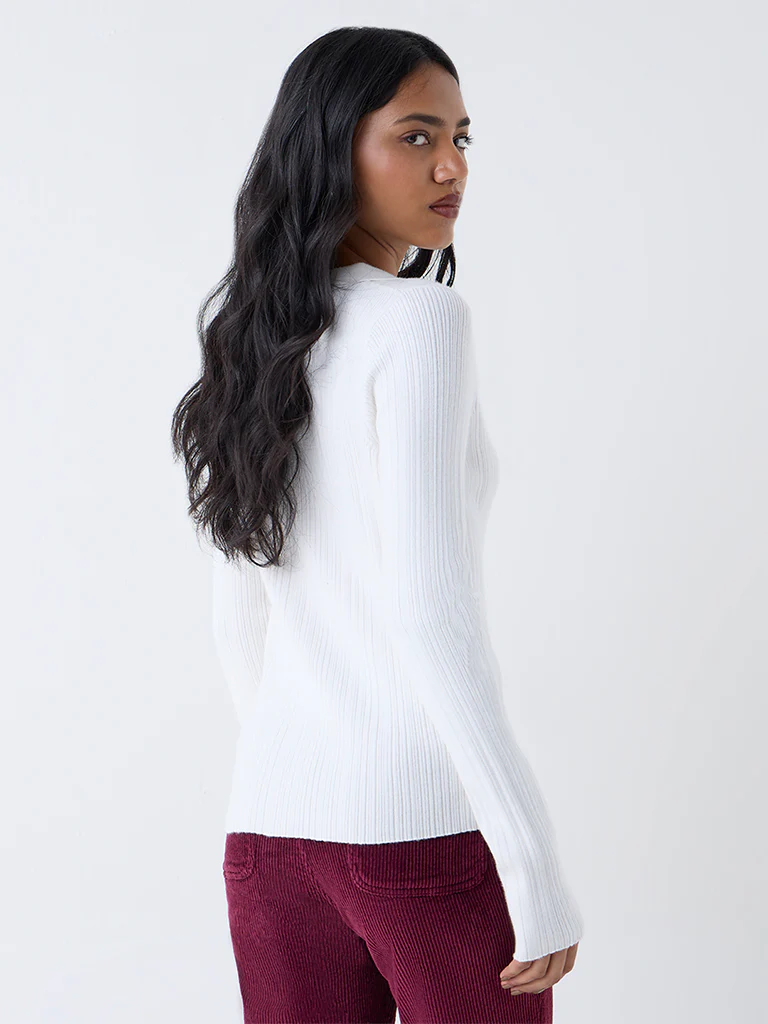 LOV White Ribbed-Textured Cardigan - Image 4