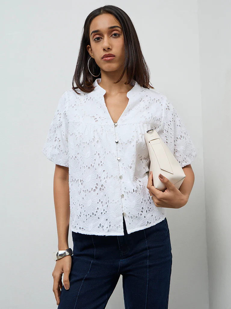 LOV White Schiffli Embroidered Cotton Blouse