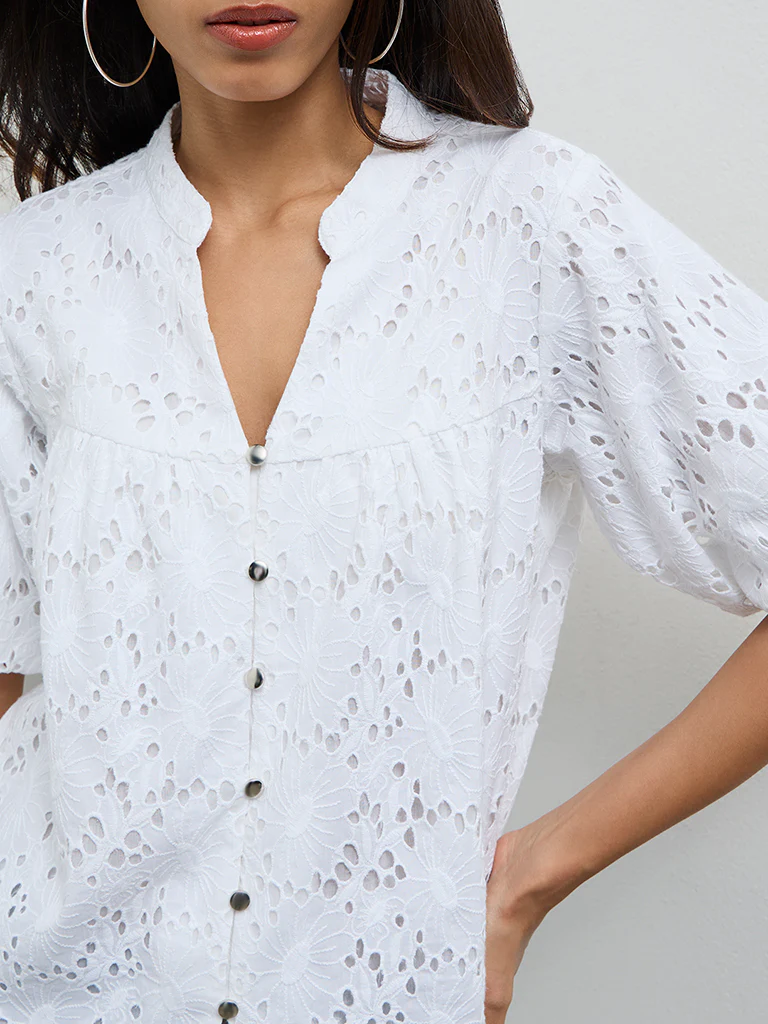 LOV White Schiffli Embroidered Cotton Blouse - Image 3