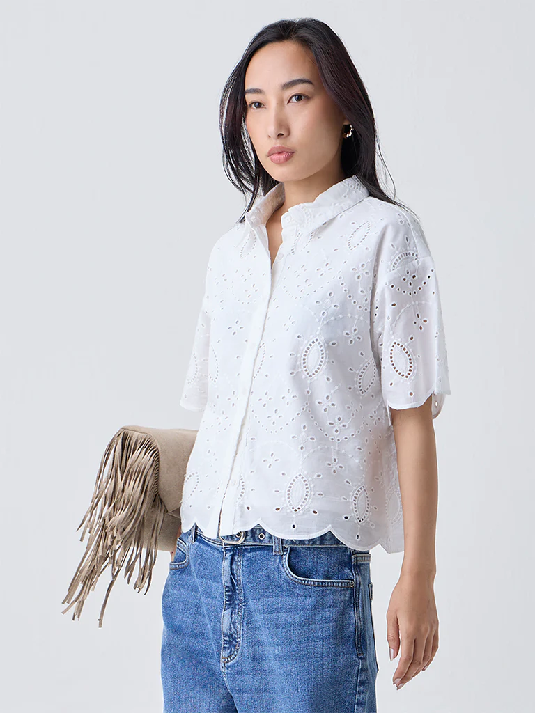 LOV White Schiffli Embroidered Cotton Shirt