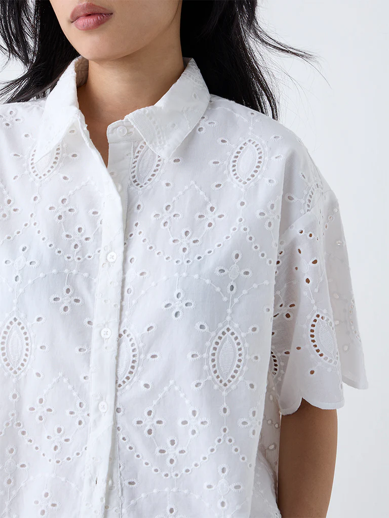 LOV White Schiffli Embroidered Cotton Shirt - Image 3