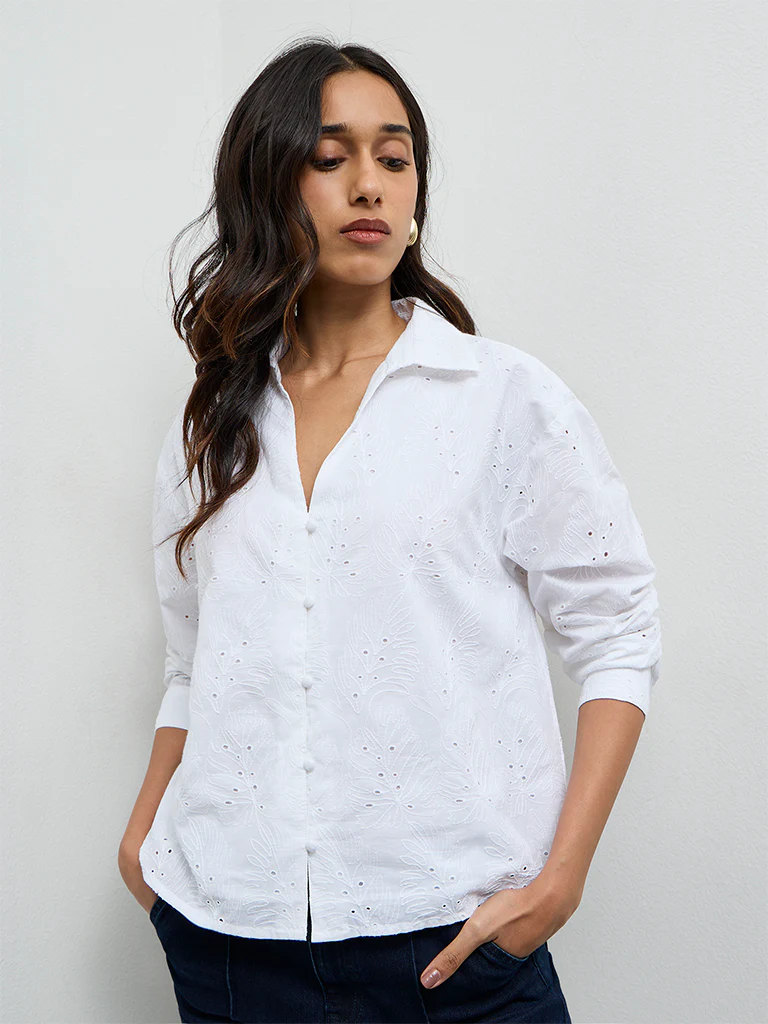 LOV White Schiffli Embroidered Cotton Shirt