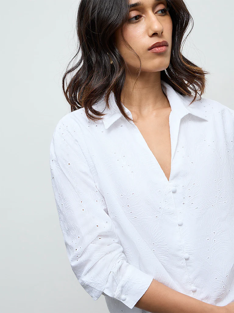 LOV White Schiffli Embroidered Cotton Shirt - Image 3