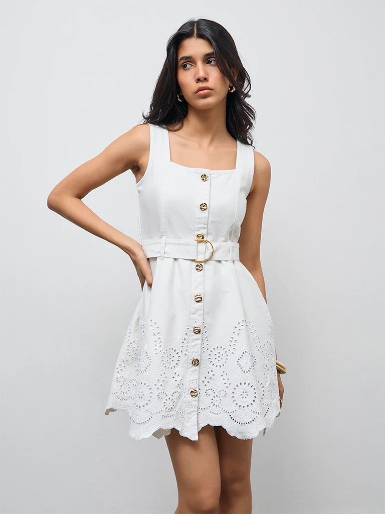 LOV White Schiffli Embroidered Denim A-Line Dress with Belt - Image 2